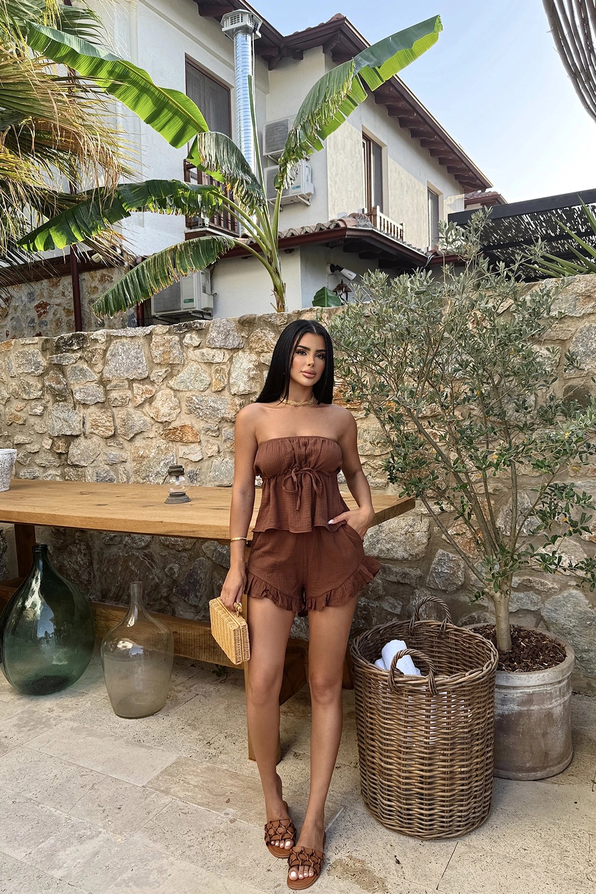 Off-Shoulder Brown Shorts Set with Drawstring Detail for Women