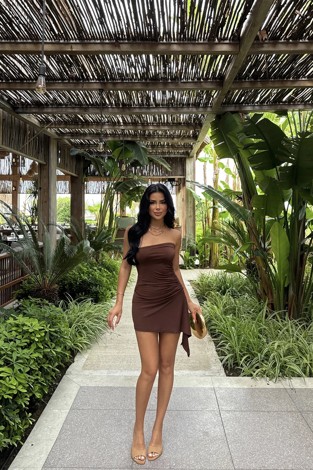 Off-Shoulder Brown Mini Dress with Ruched Details