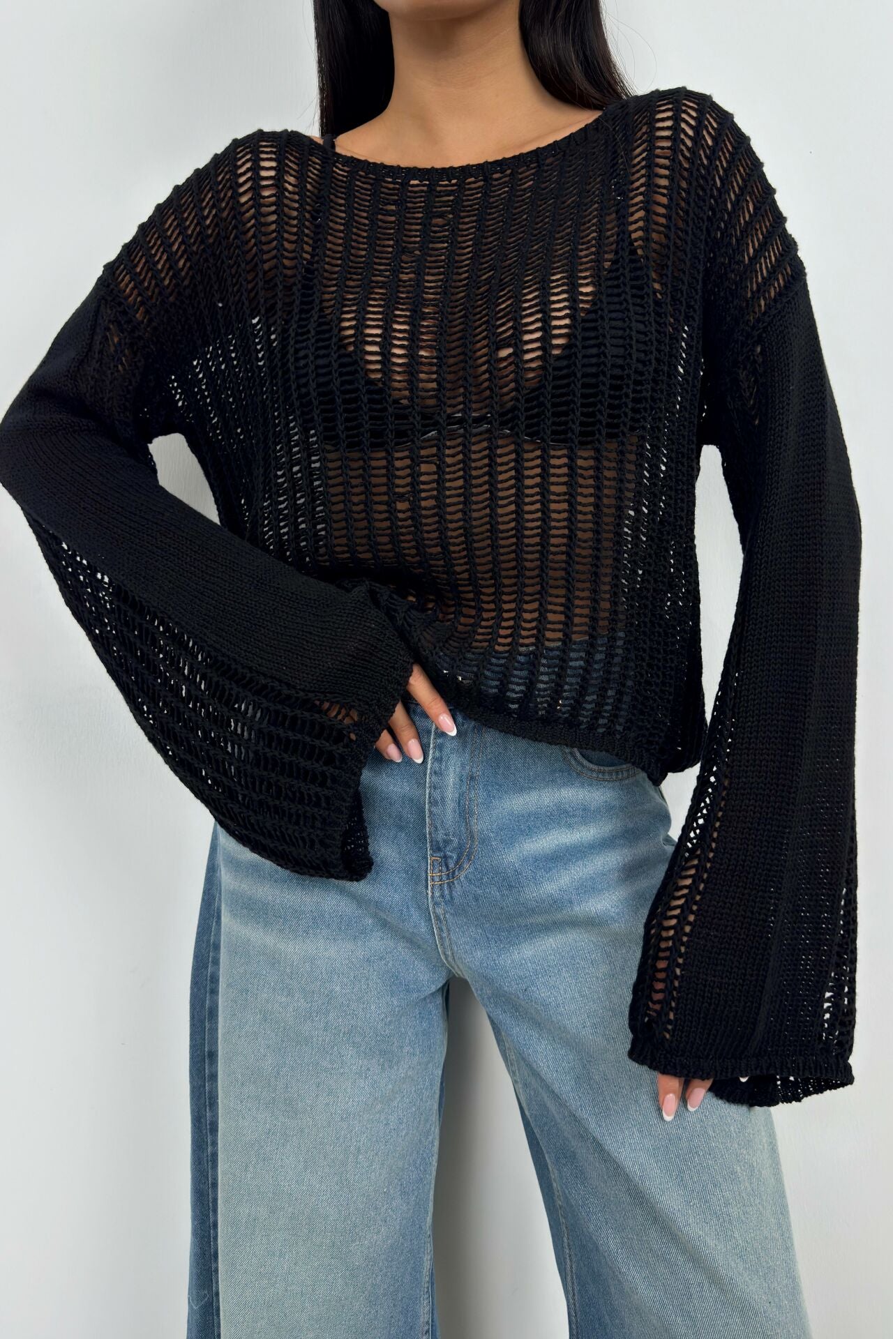 Boat Neckline Black Tulle Blouse for Women