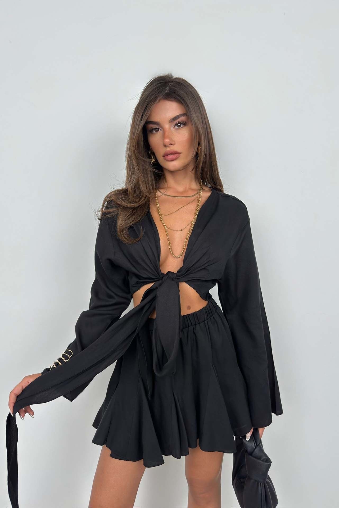 Long Sleeved Black Crop Top with Tied Detail