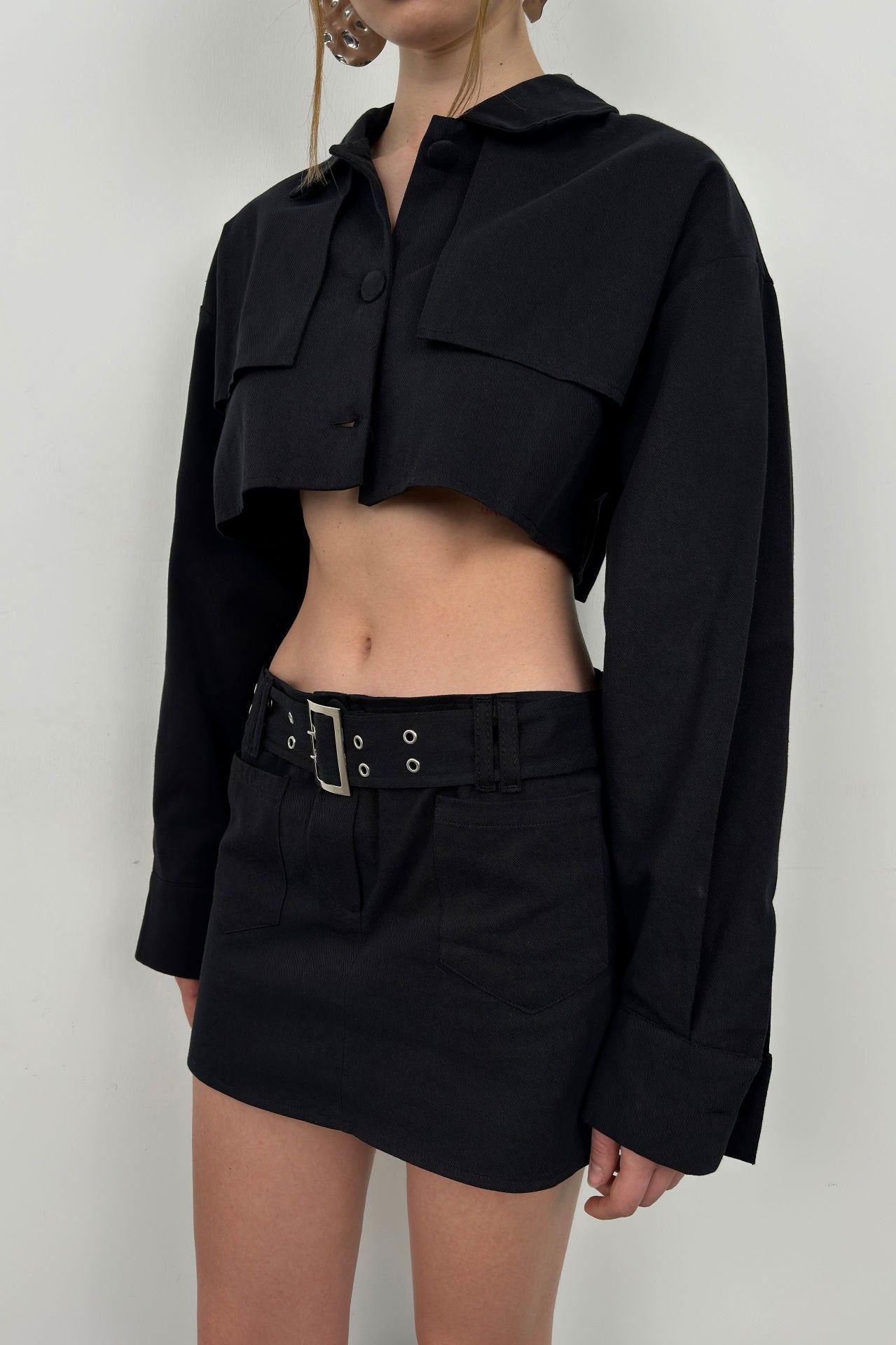 Belt Detail Black Mini Skirt for Women