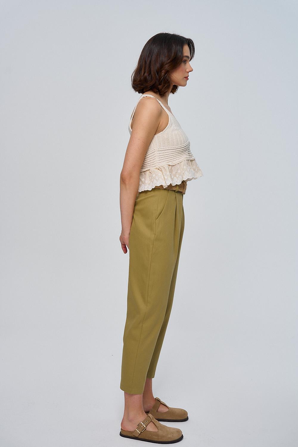 Belted Detail Khaki Trousers for Women