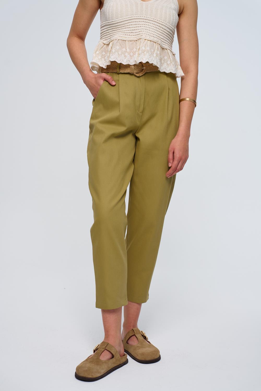 Belted Detail Khaki Trousers for Women