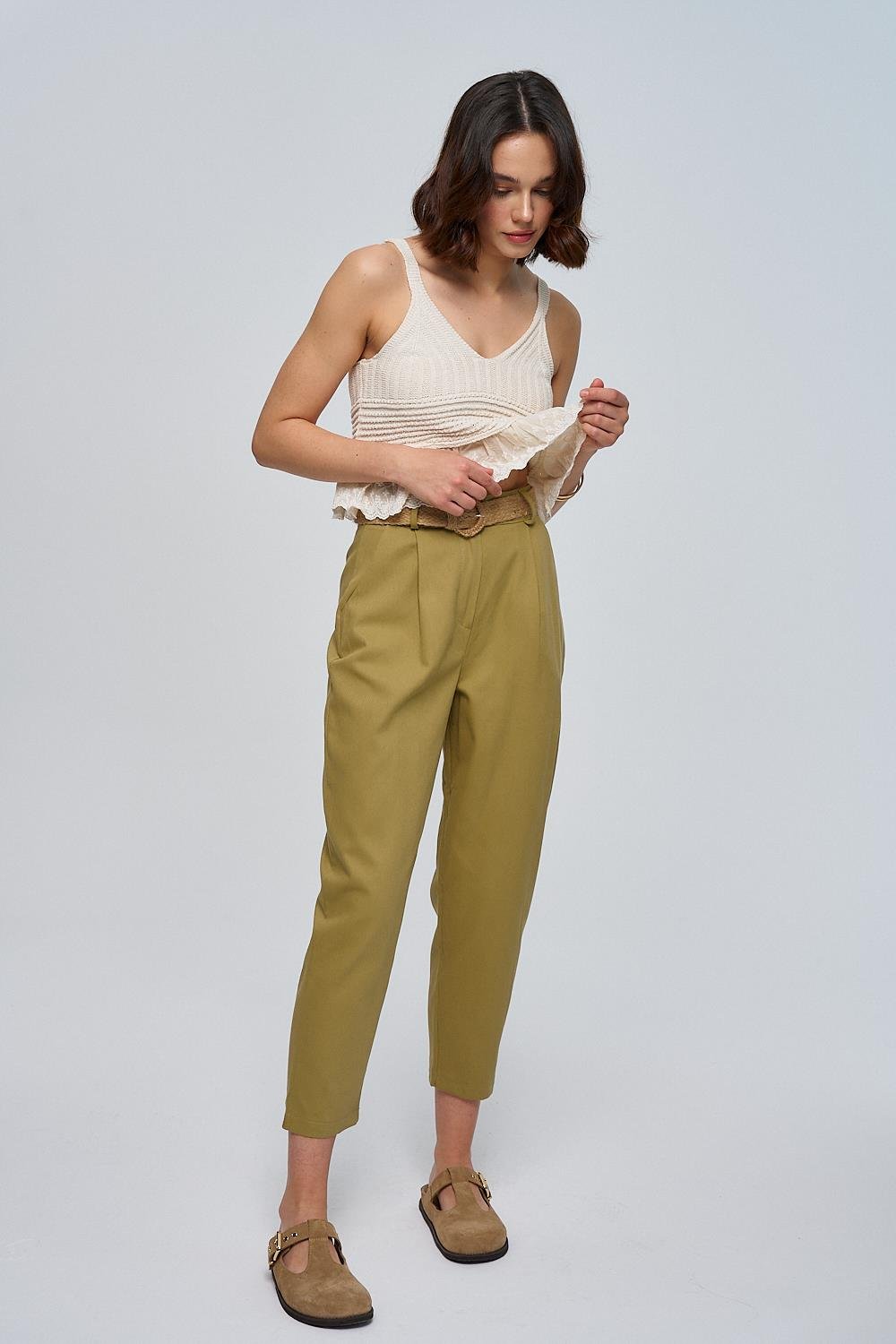 Belted Detail Khaki Trousers for Women