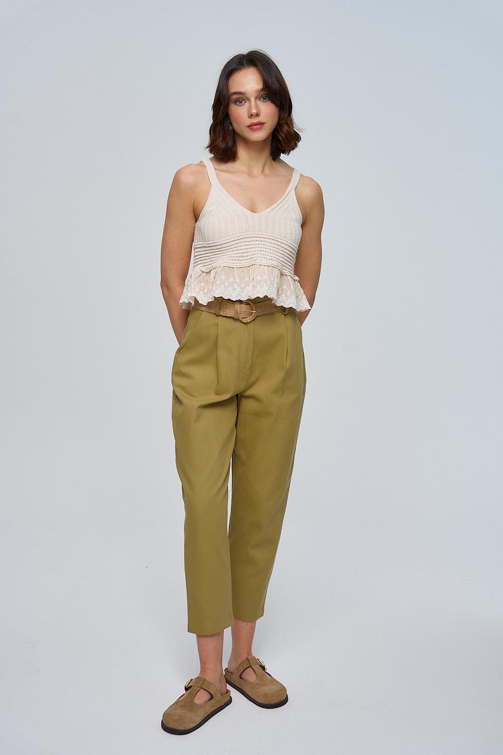 Belted Detail Khaki Trousers for Women