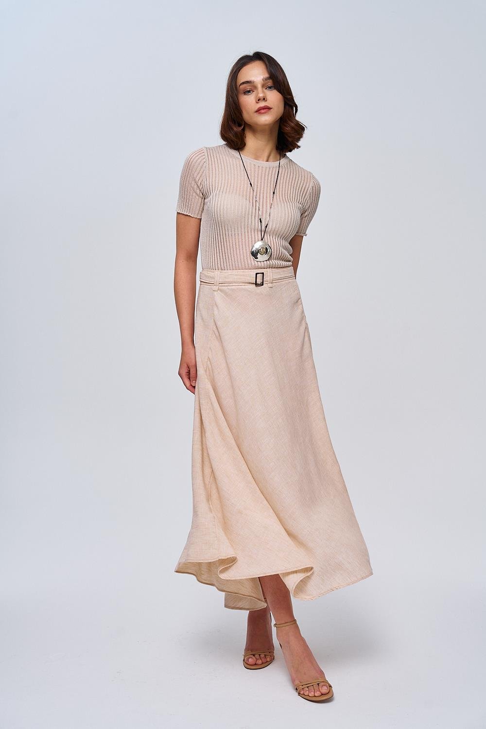 Belted Detailed Linen Beige Midi Skirt