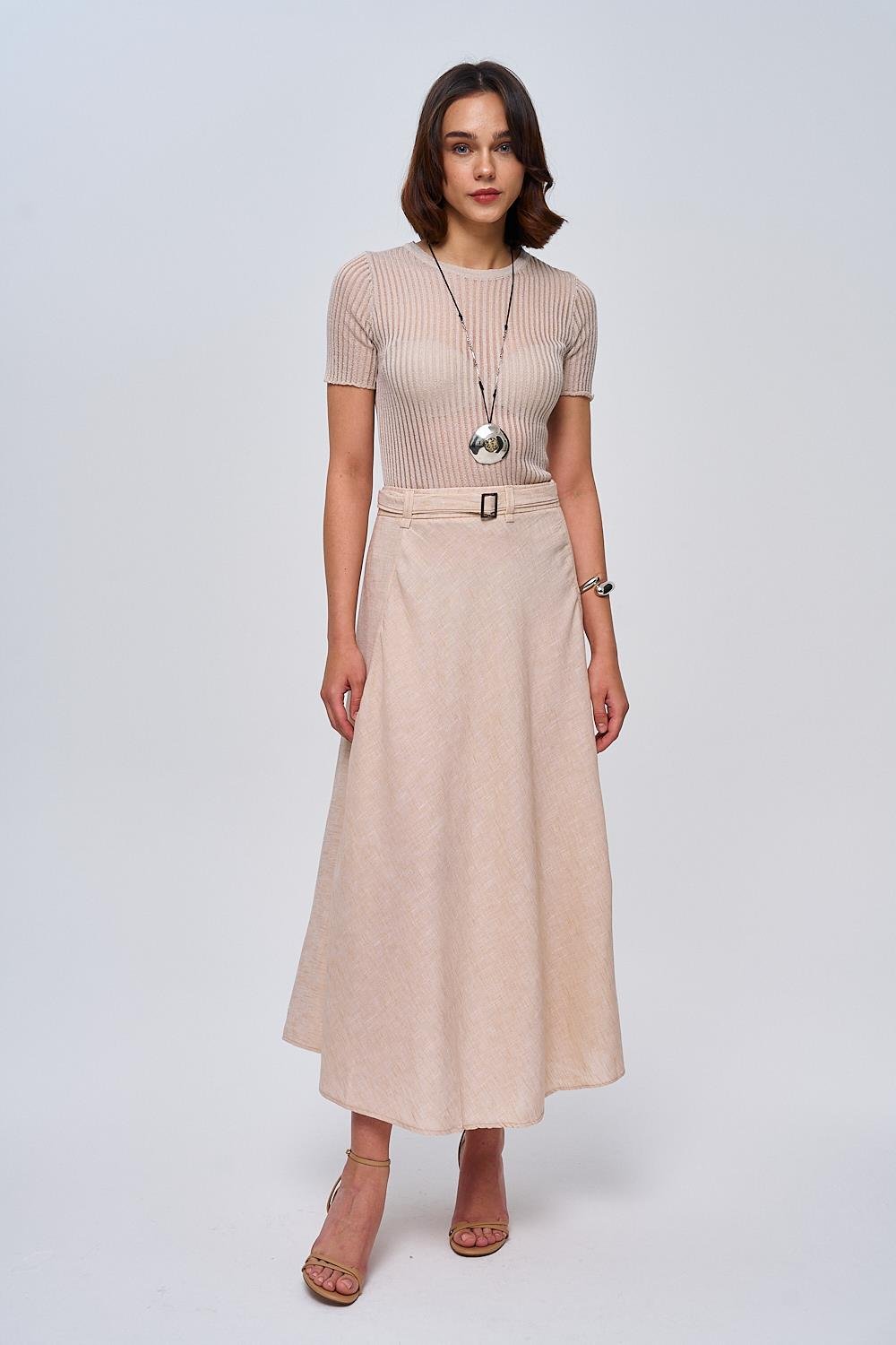 Belted Detailed Linen Beige Midi Skirt