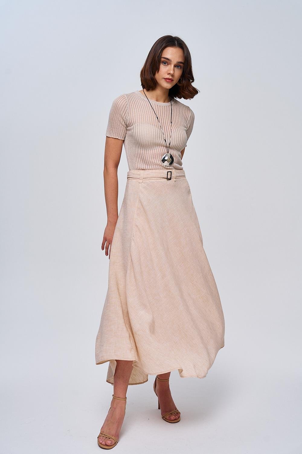 Belted Detailed Linen Beige Midi Skirt