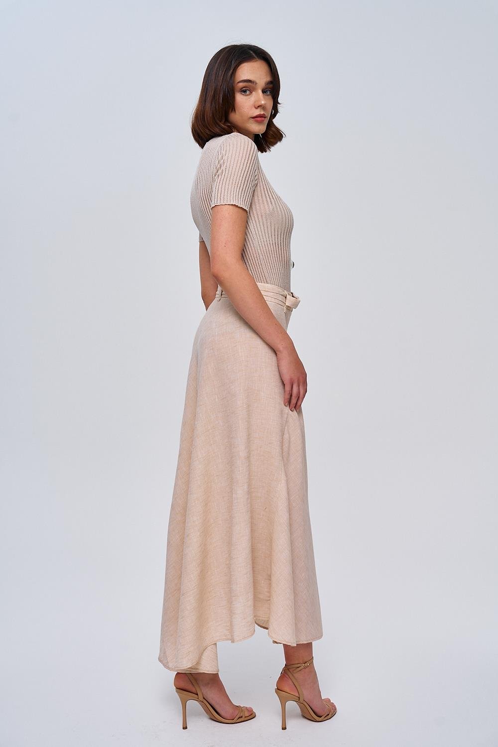 Belted Detailed Linen Beige Midi Skirt