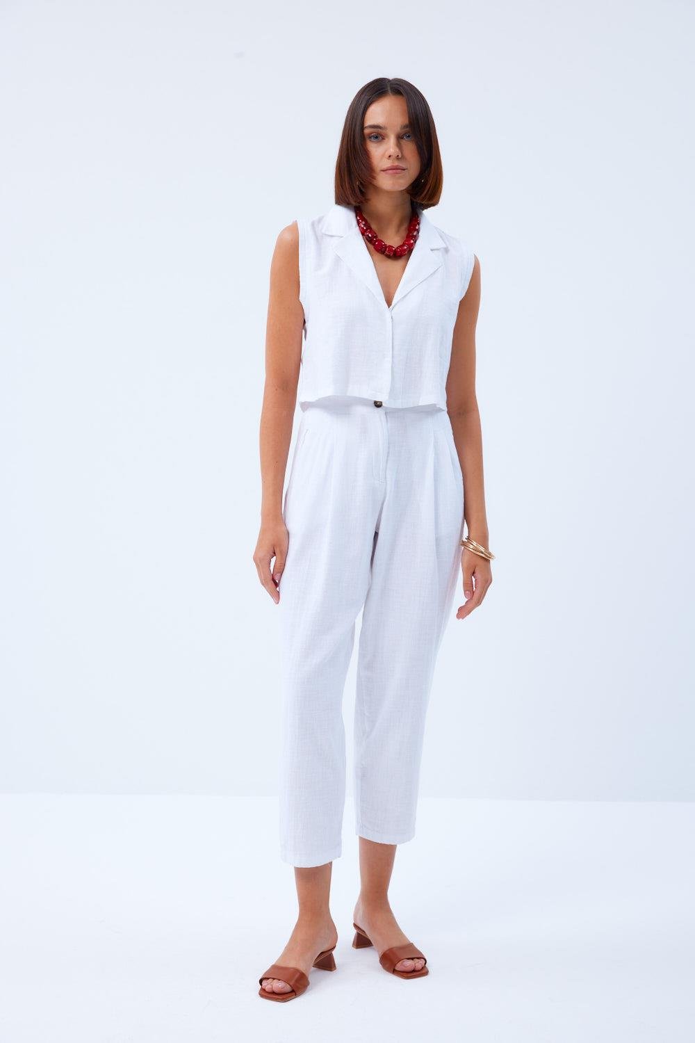 V-Neckline Linen White Trousers Suit for Women