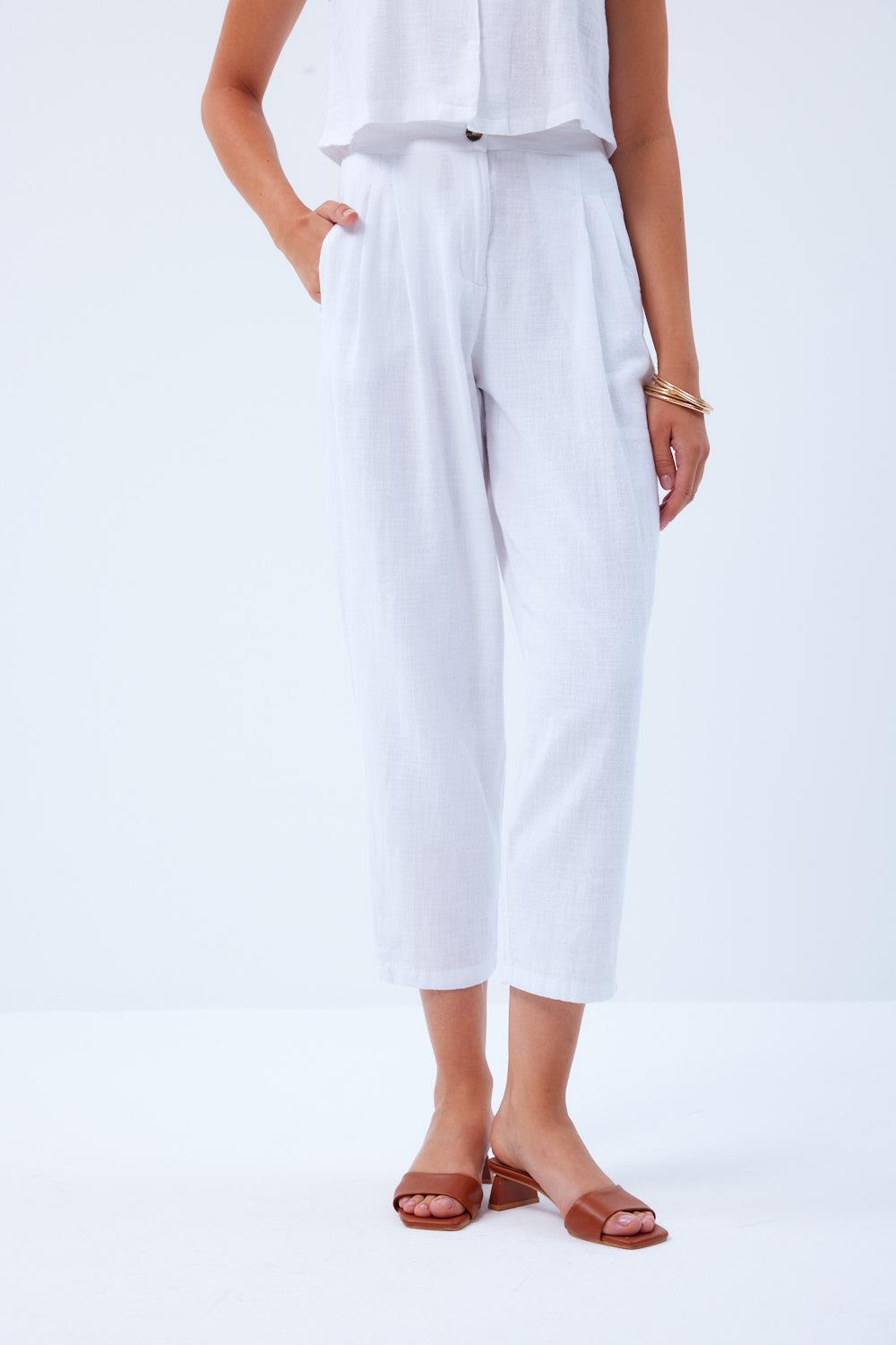 V-Neckline Linen White Trousers Suit for Women