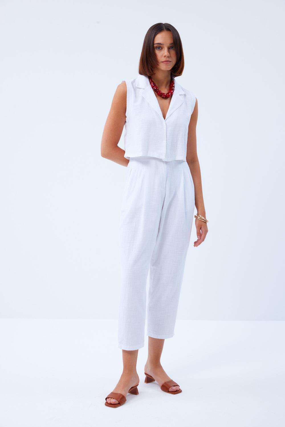 V-Neckline Linen White Trousers Suit for Women