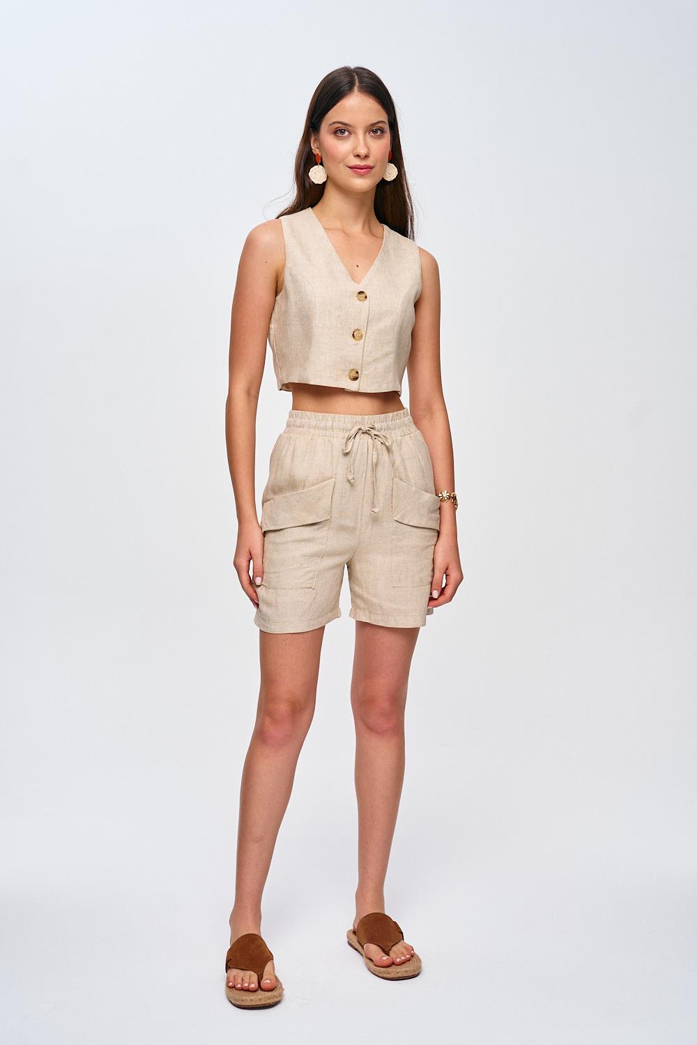 Button-Front Linen Beige Vest Suit for Women