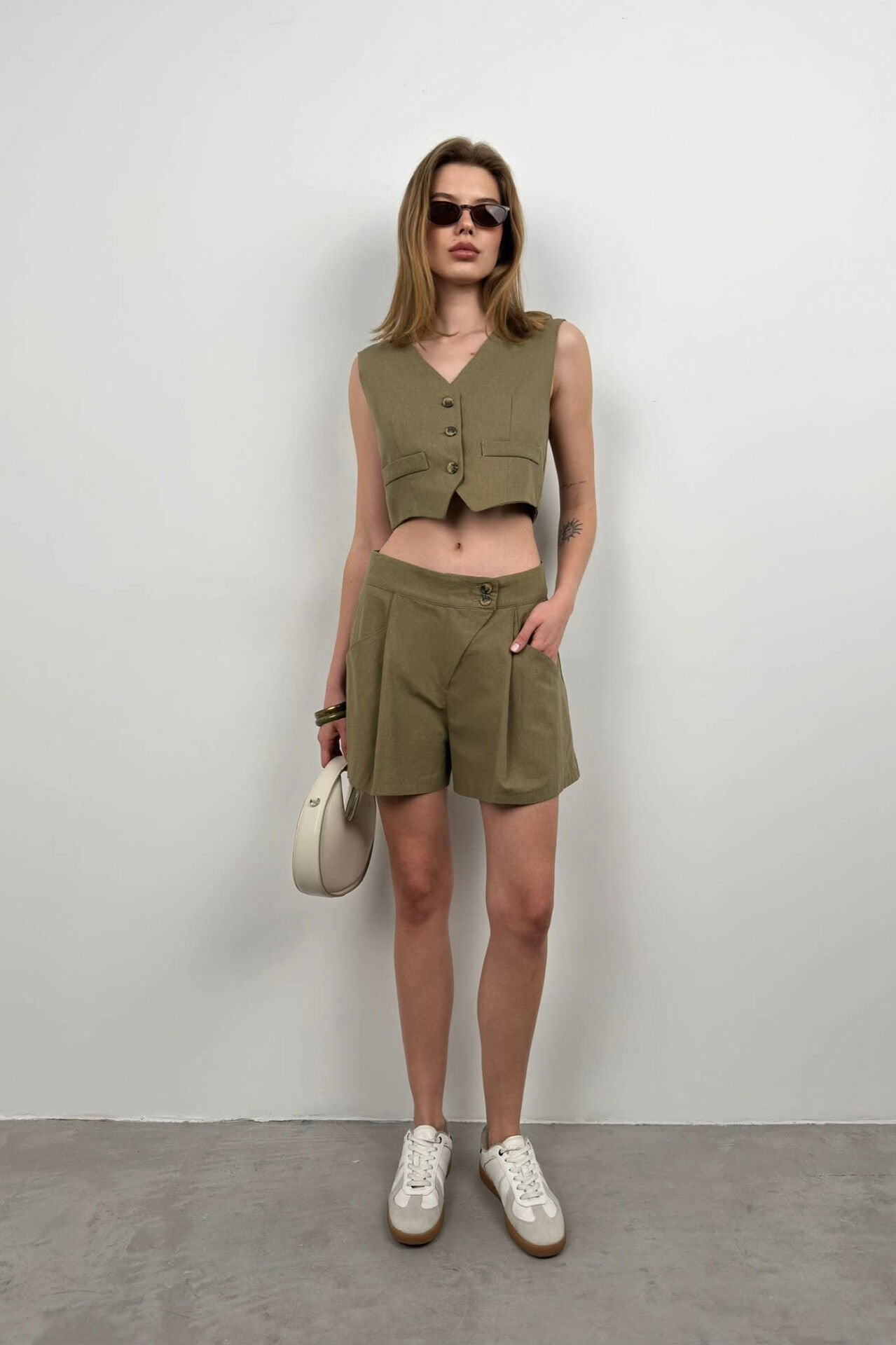 Leinenweste Khaki Shorts Set