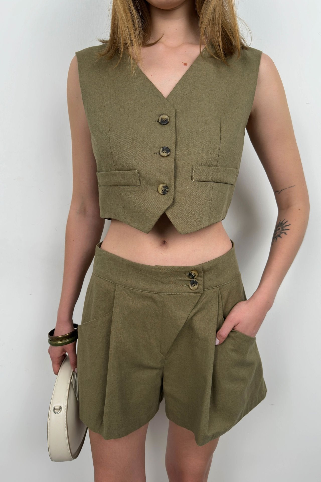 Leinenweste Khaki Shorts Set