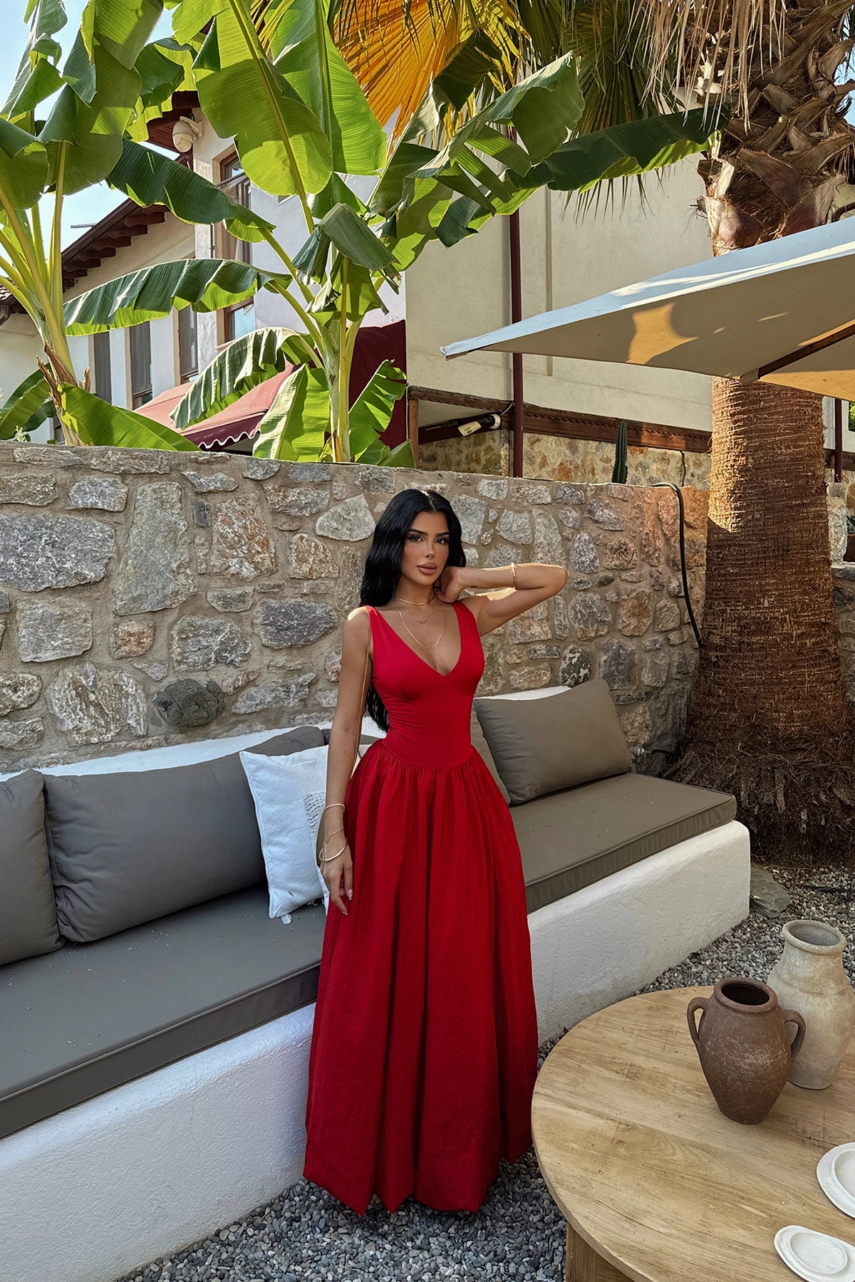 V-Neck Red Maxi Balloon Dress