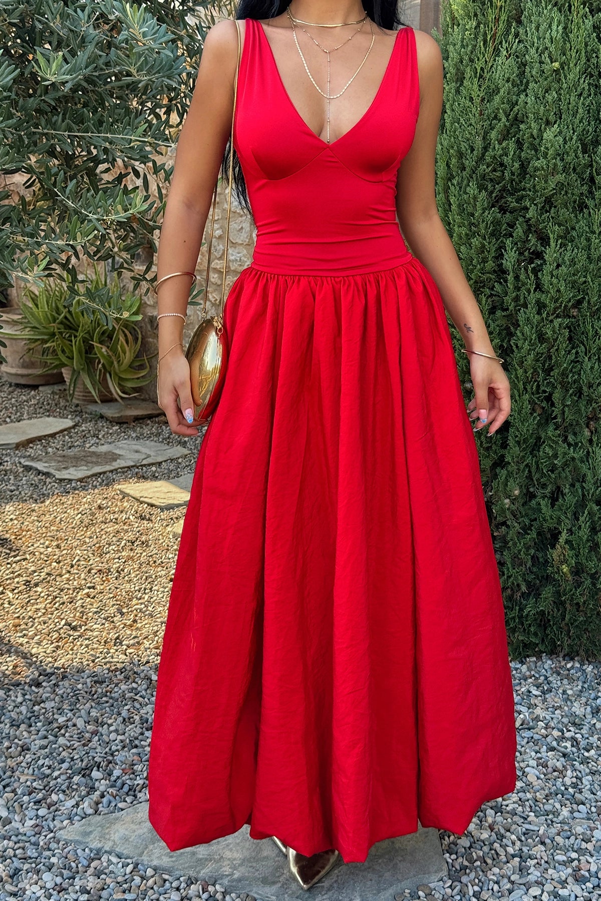 V-Neck Red Maxi Balloon Dress