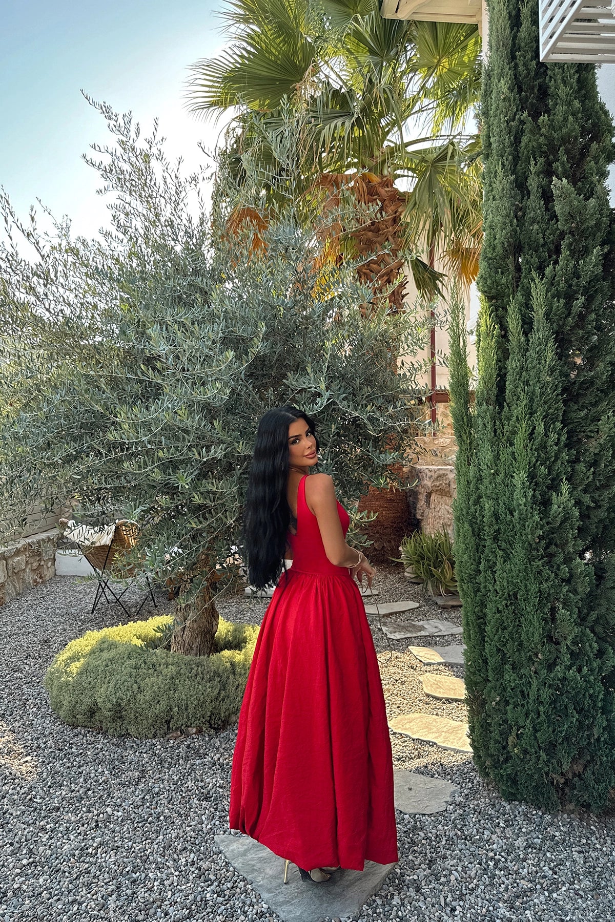 V-Neck Red Maxi Balloon Dress