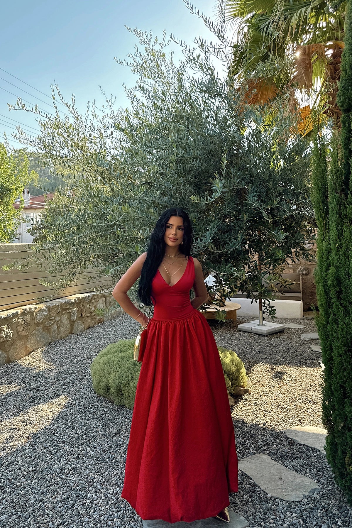 V-Neck Red Maxi Balloon Dress