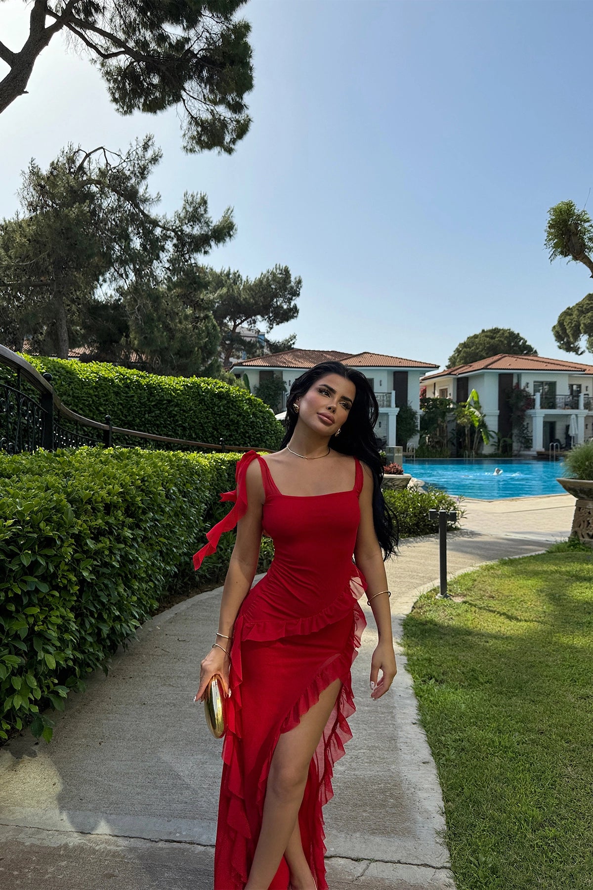 Ruffle Detailed Red Maxi Dress with Slit Detail