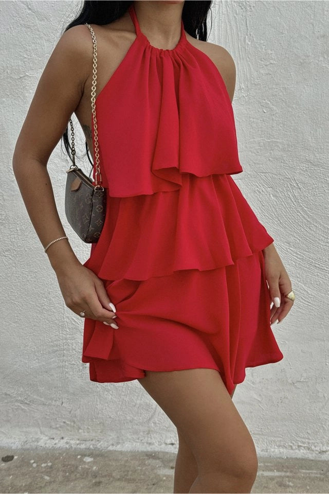 Halter Neckline Ruffle Detailed Red Mini Dress