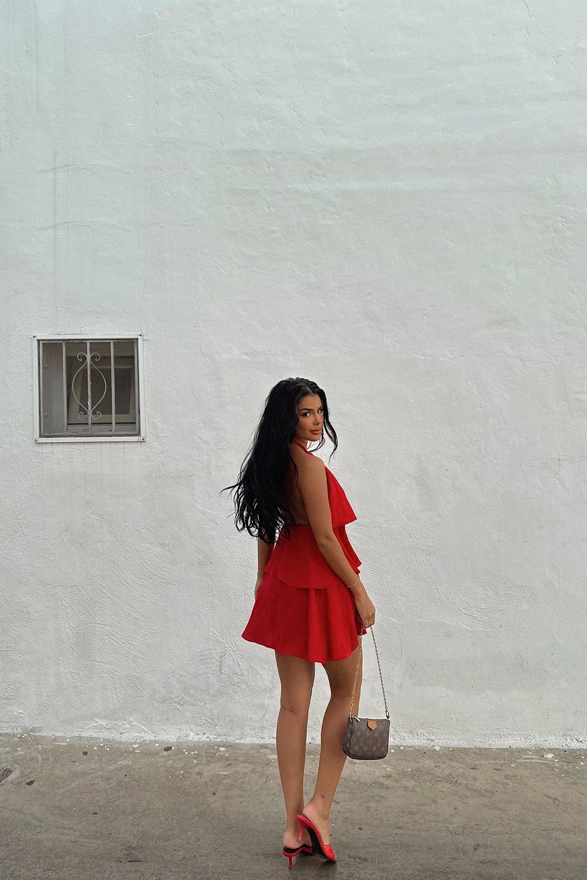 Halter Neckline Ruffle Detailed Red Mini Dress