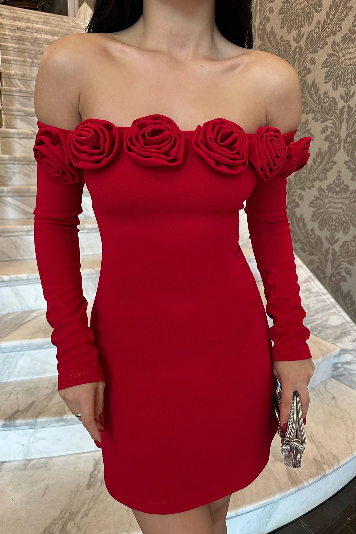 Rose Detail Off-Shoulder Red Mini Dress