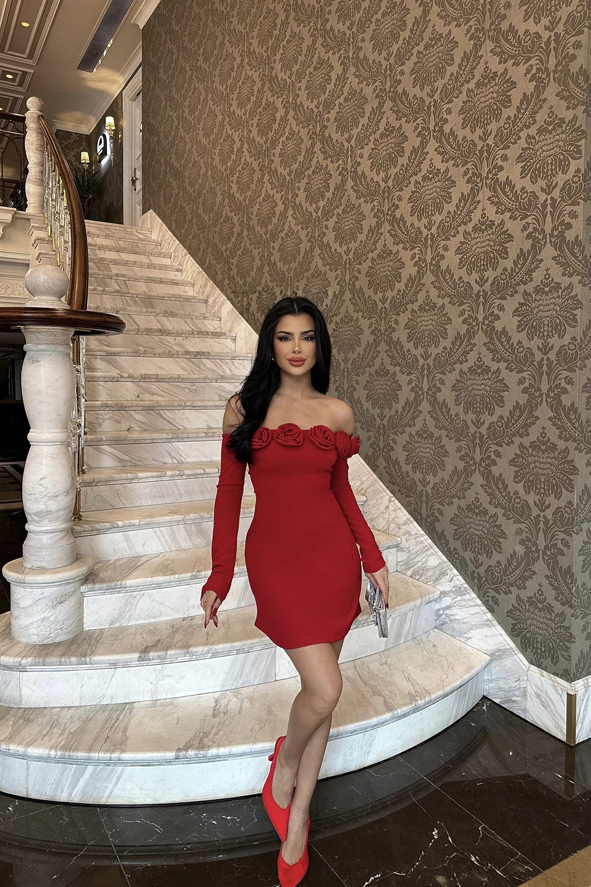 Rose Detail Off-Shoulder Red Mini Dress