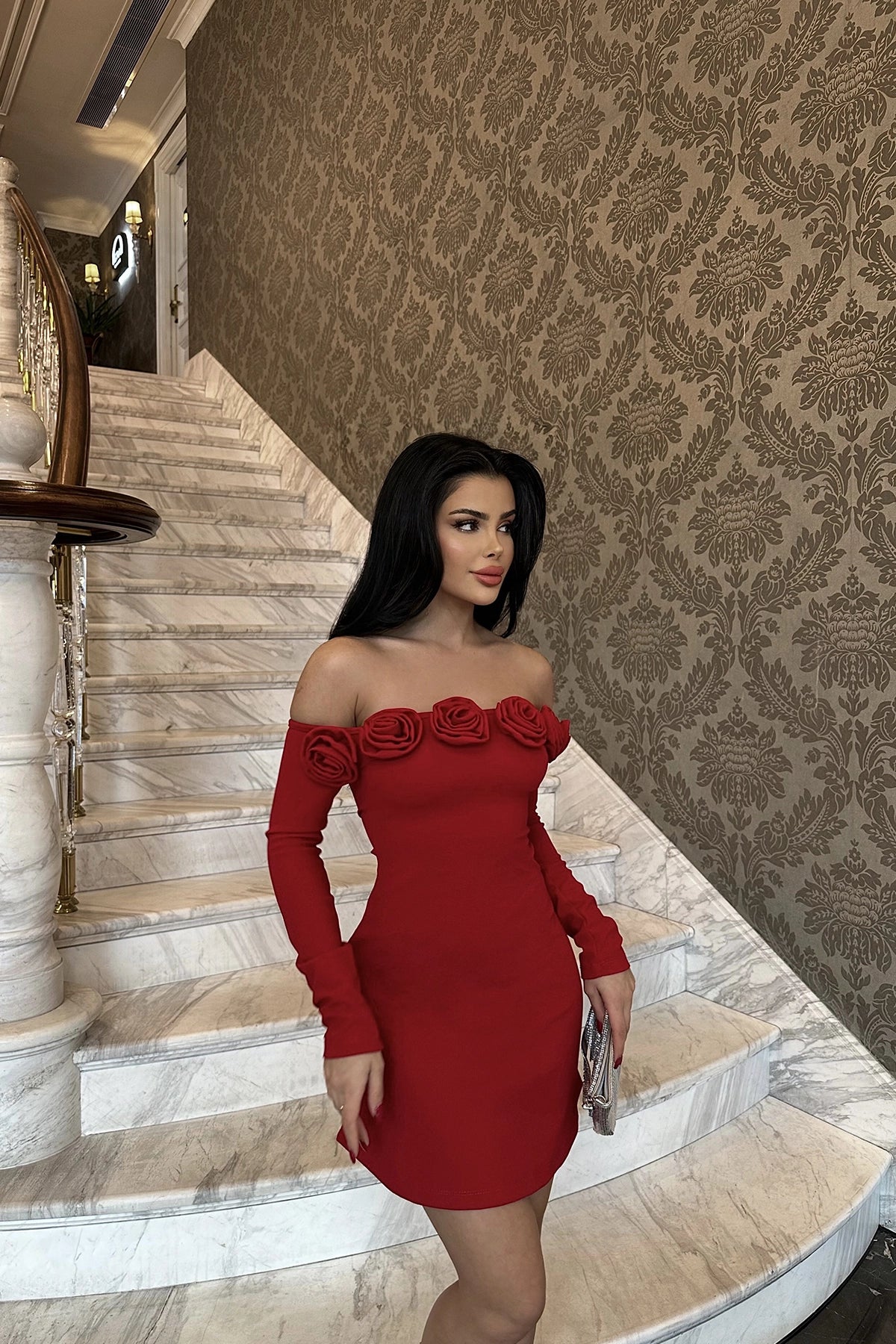 Rose Detail Off-Shoulder Red Mini Dress