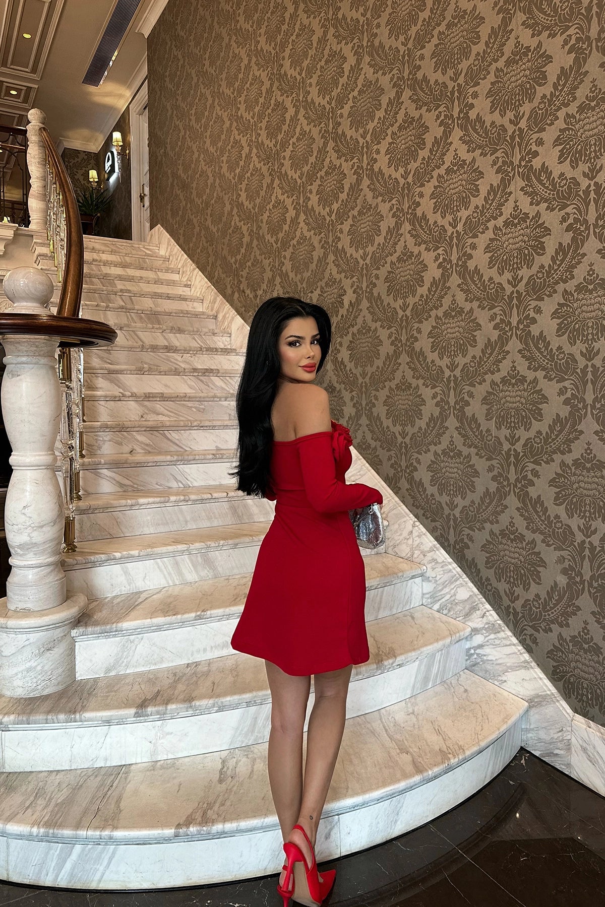 Rose Detail Off-Shoulder Red Mini Dress