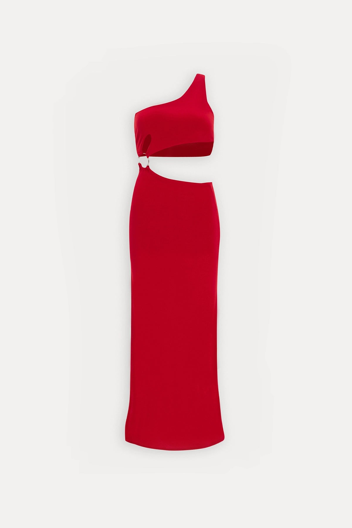 Ring Detail One-Shoulder Red Maxi Dress