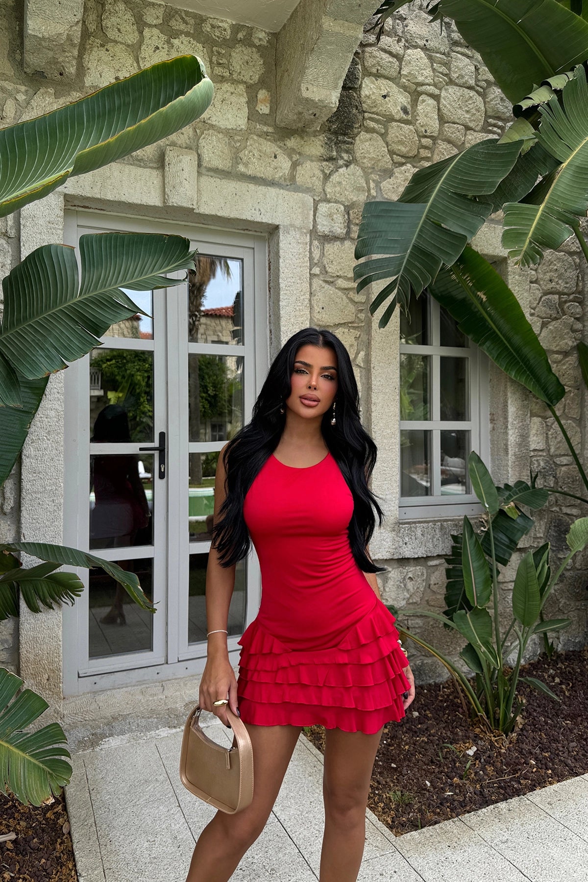 Ruffle Detail Red Mini Dress