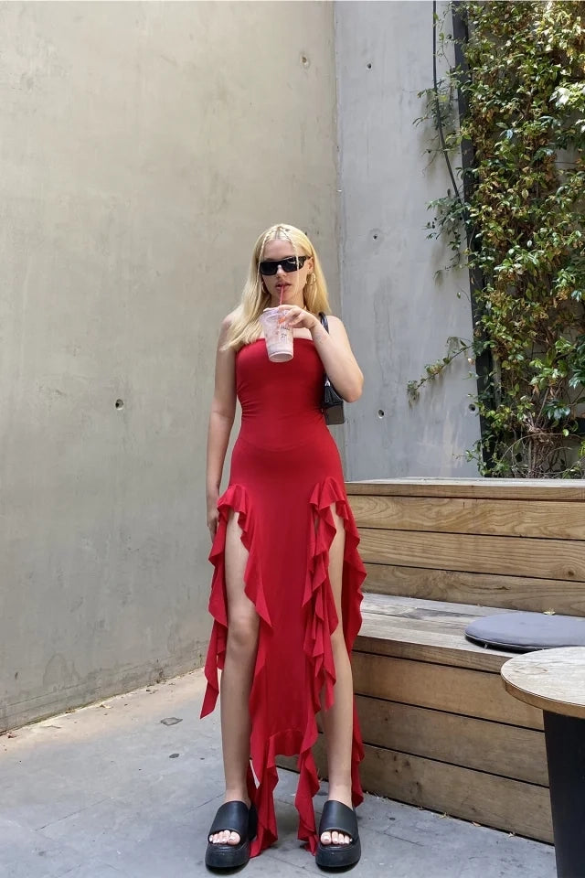 Off-Shoulder Red Midi Dress with High-Slit