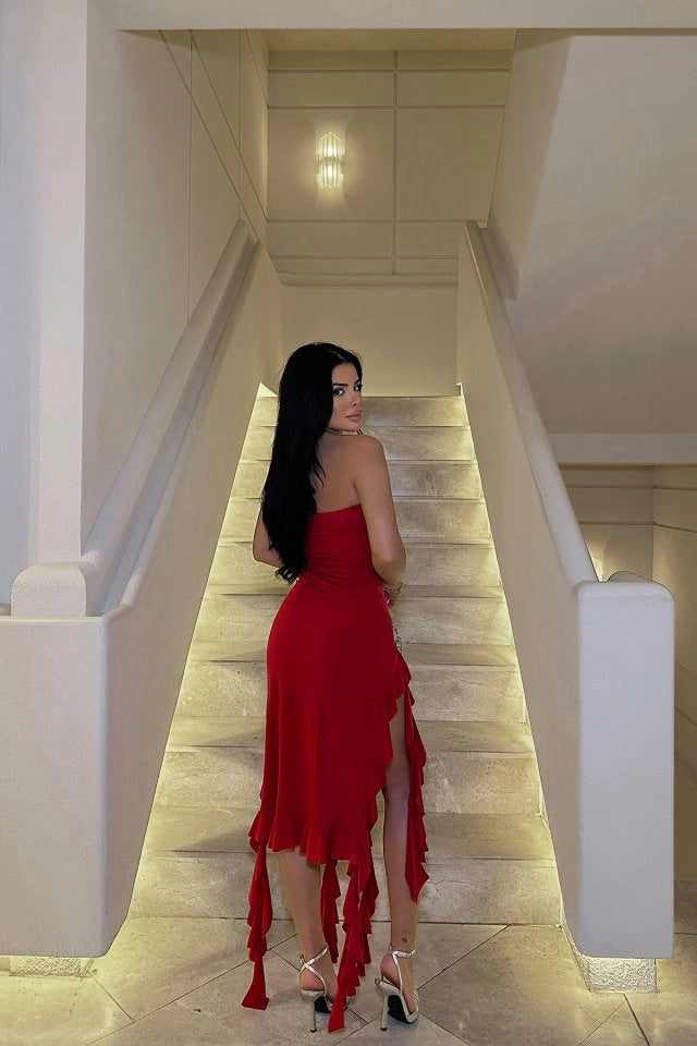 Off-Shoulder Red Midi Dress with High-Slit