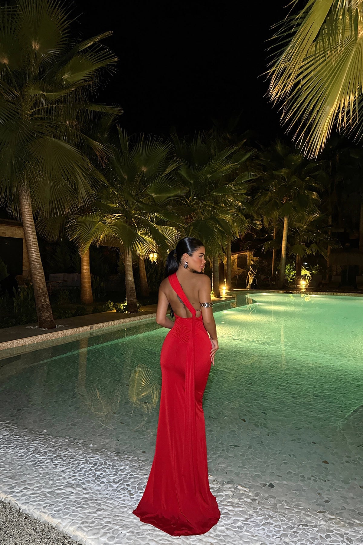 One-Shoulder Ring Detail Red Maxi Dress