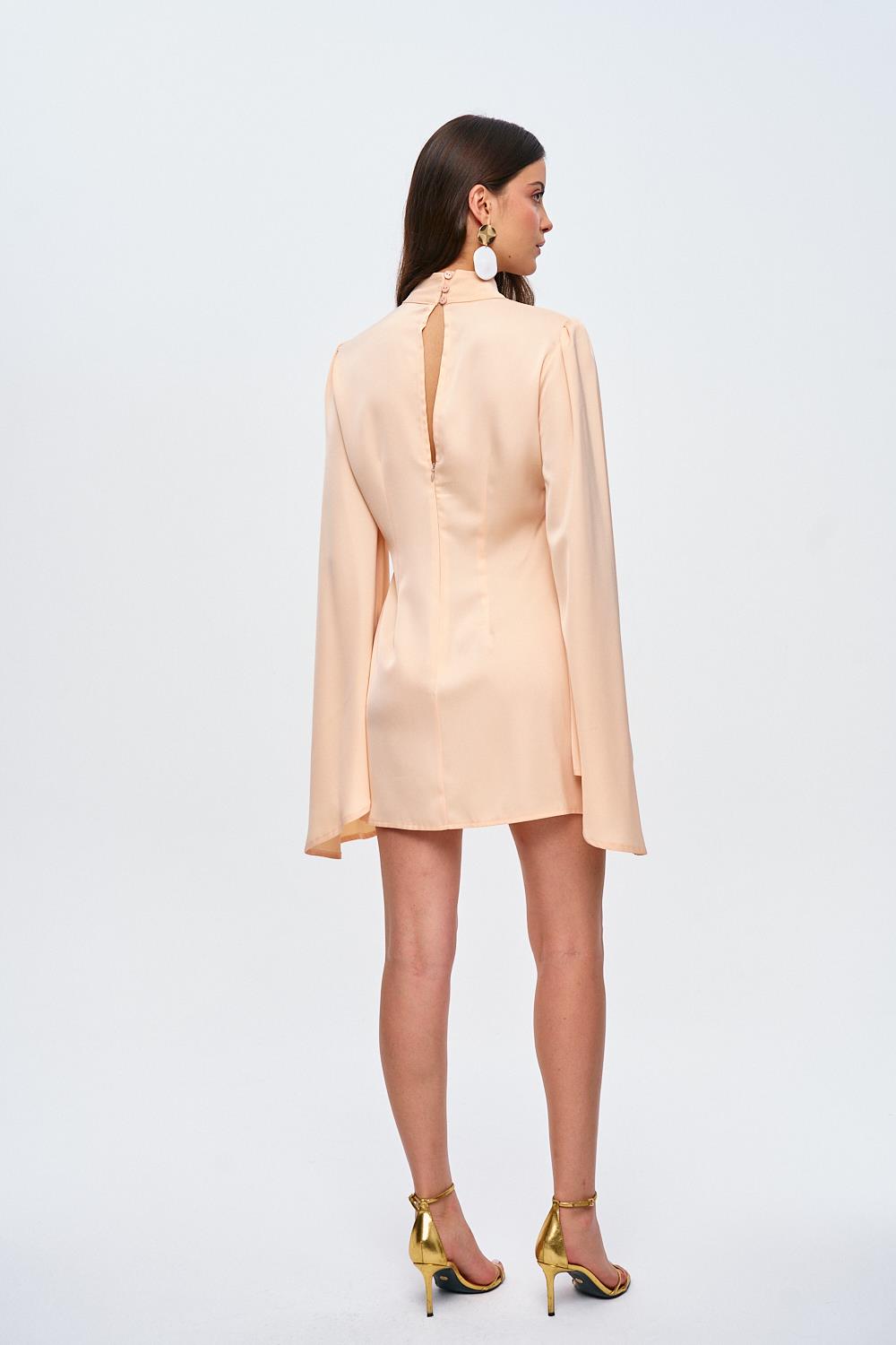 Sleeved Detailed Satin Salmon Mini Dress with Zipper on the Back