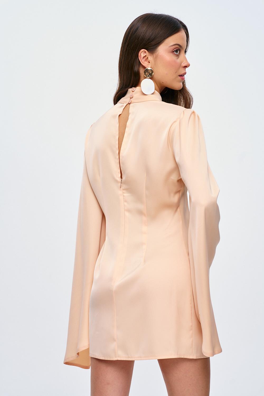 Sleeved Detailed Satin Salmon Mini Dress with Zipper on the Back