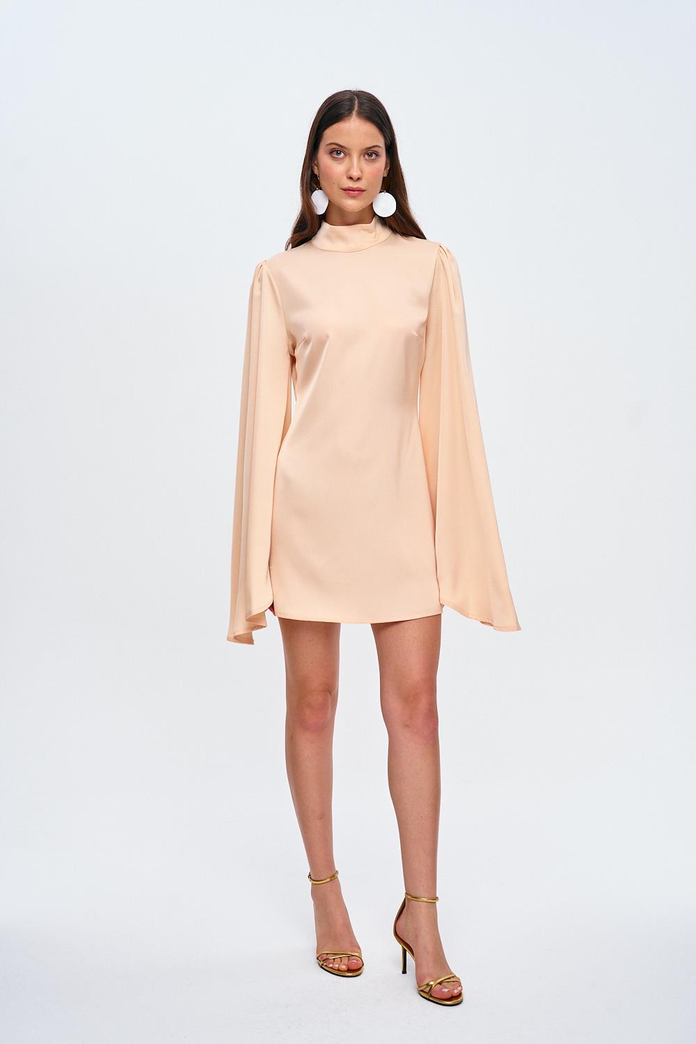 Sleeved Detailed Satin Salmon Mini Dress with Zipper on the Back