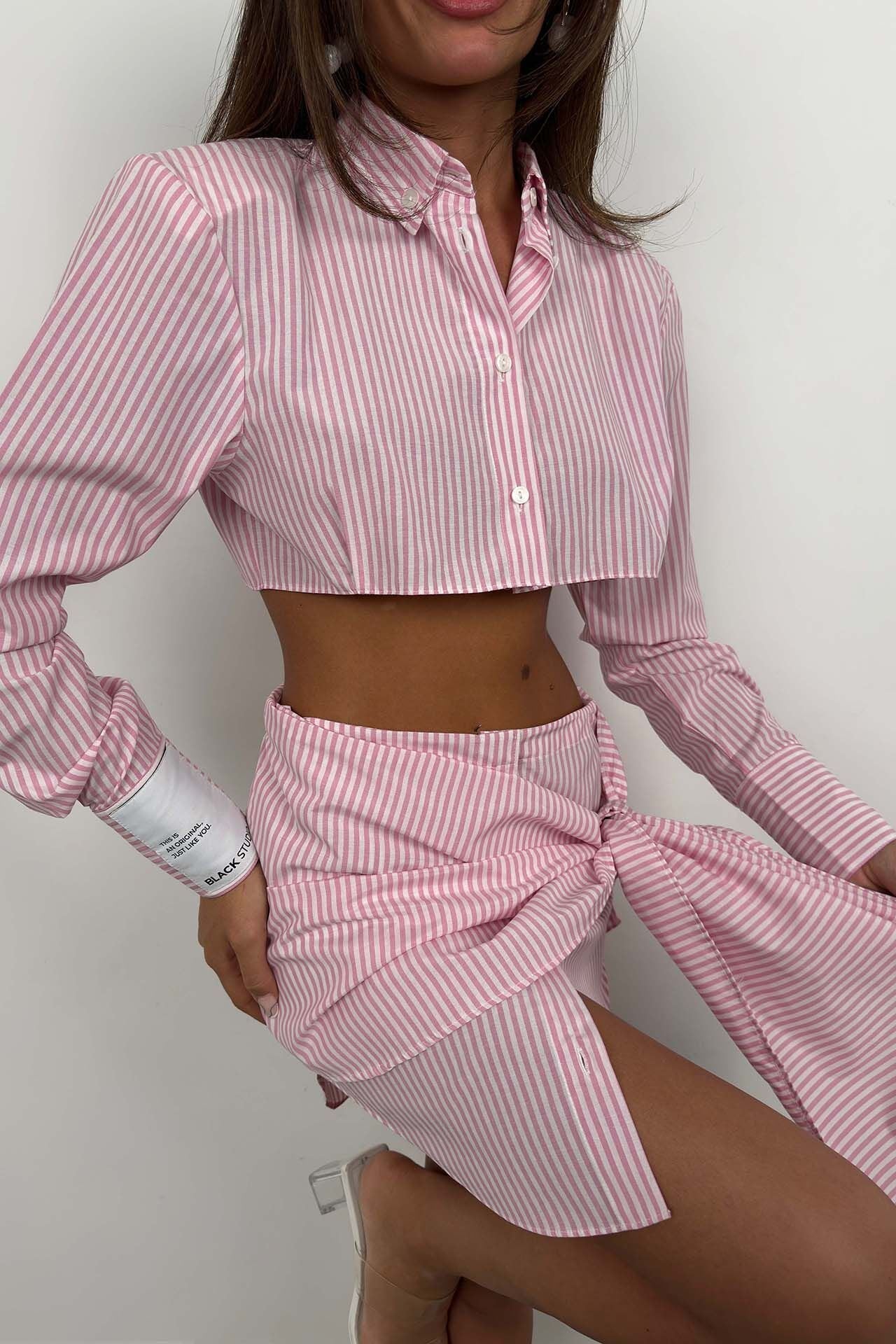 Gestreiftes Detail Pink Cropped Shirt für Frauen