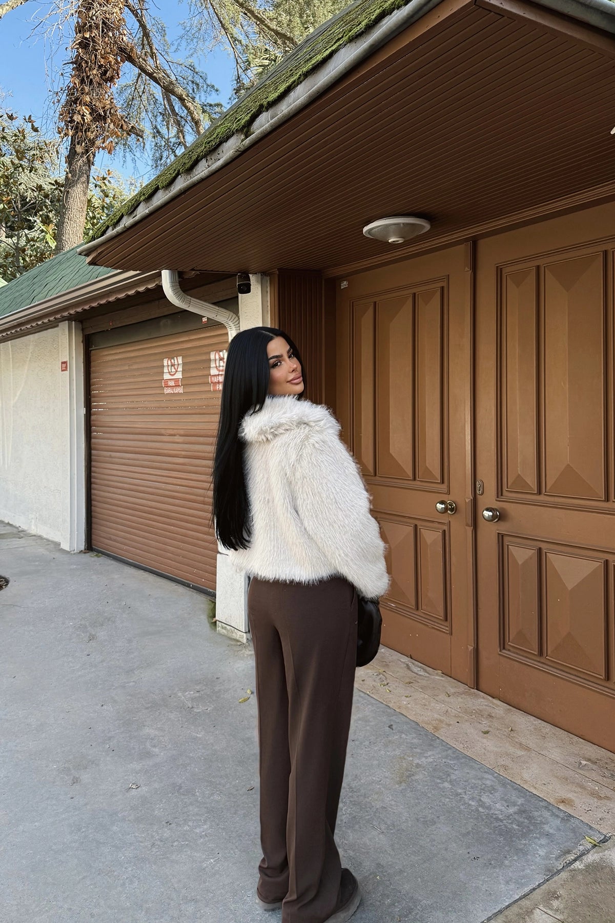 Doppelreihige Kragen Reißverschlussjacke in Creme für Frauen