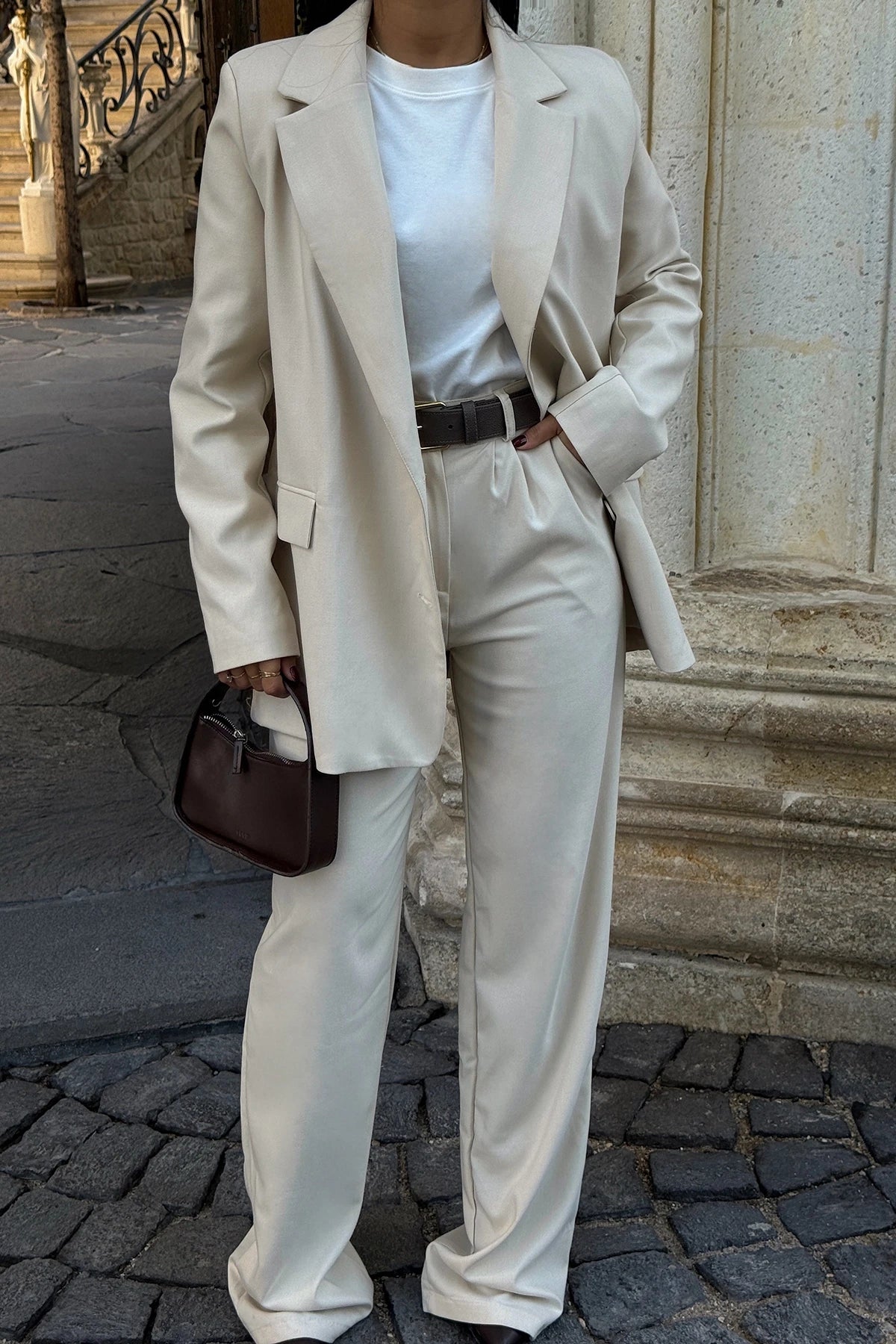 Double-Breasted Collar Trouser Set in Cream for Women