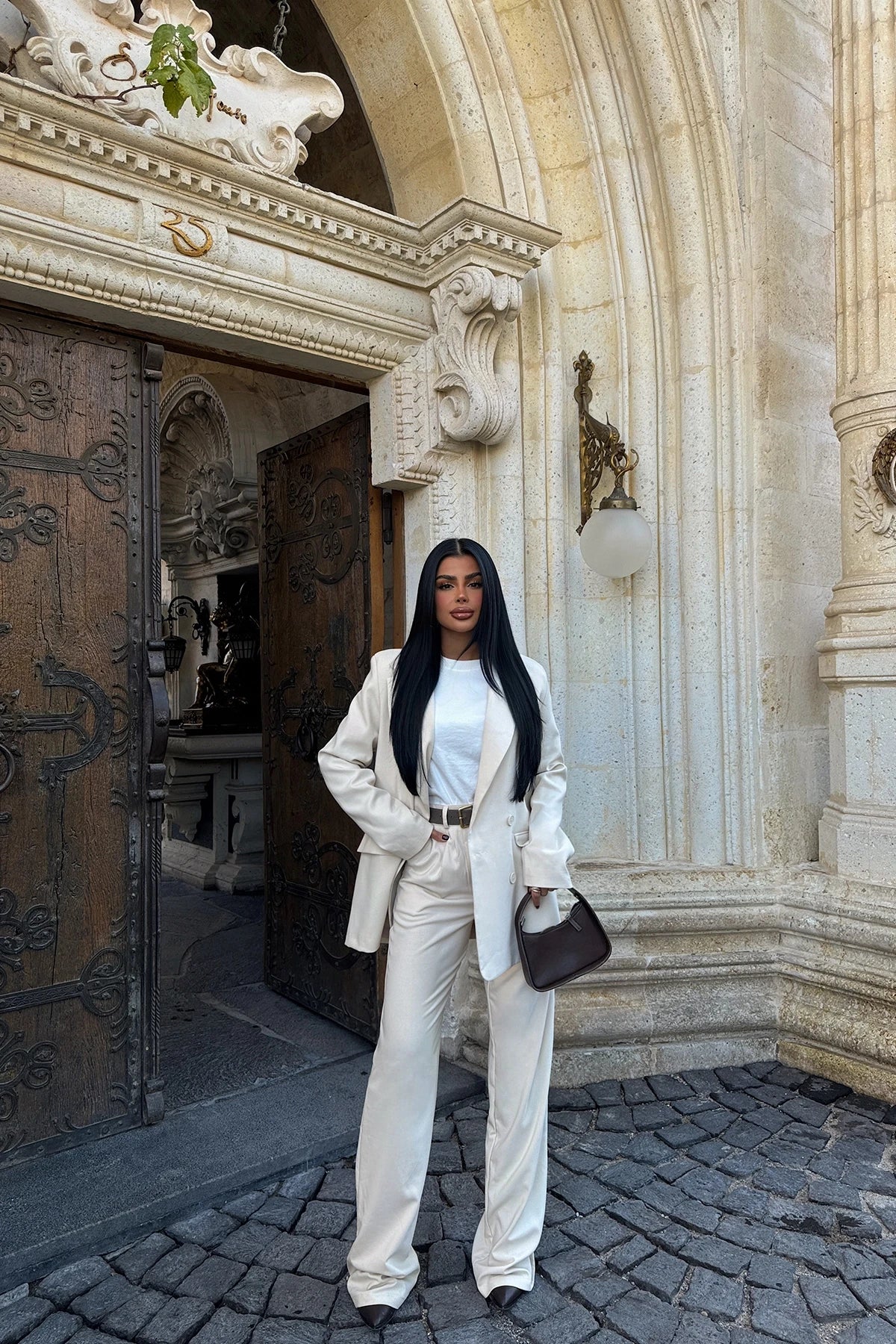 Double-Breasted Collar Trouser Set in Cream for Women