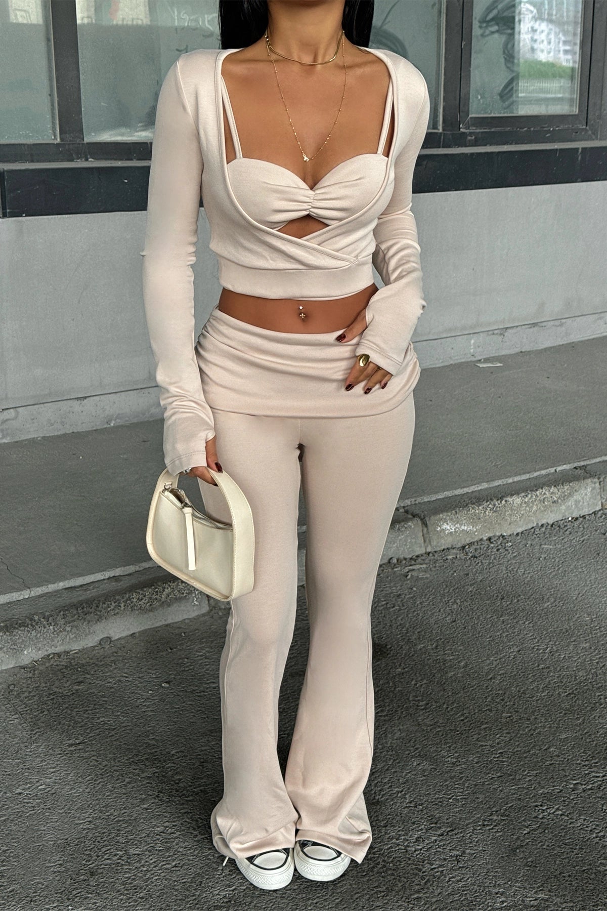 Cut-Out Detailed Cream Trousers Set for Women