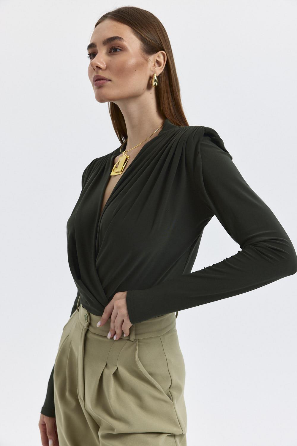 Khaki-Bodysuit mit V-Ausschnitt