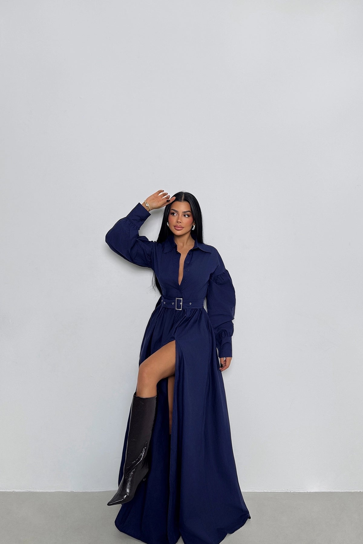 Belted Slit Detailed Navy Blue Maxi Dress