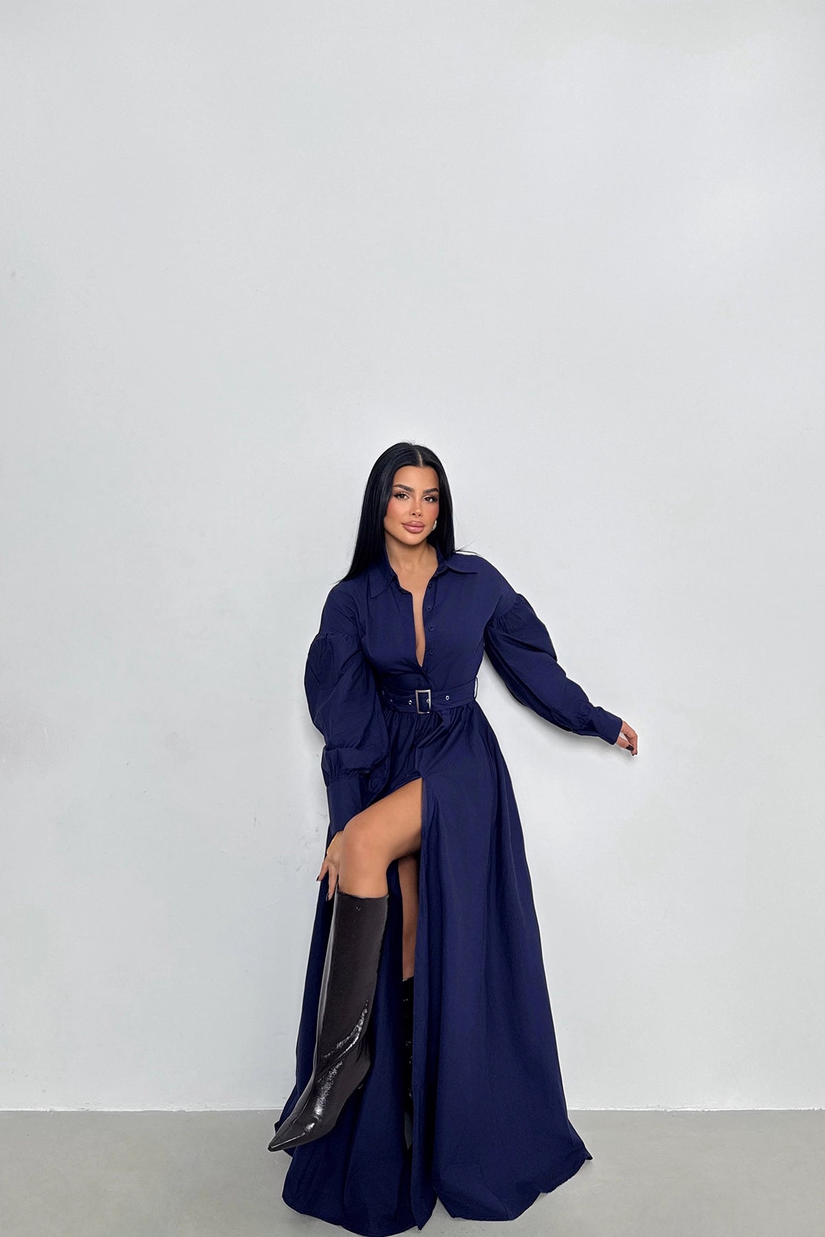 Belted Slit Detailed Navy Blue Maxi Dress