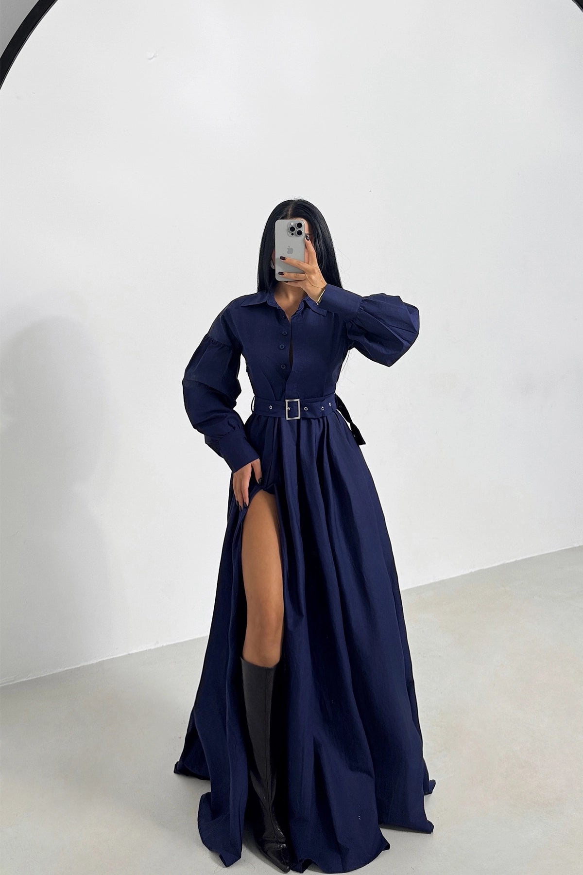 Belted Slit Detailed Navy Blue Maxi Dress