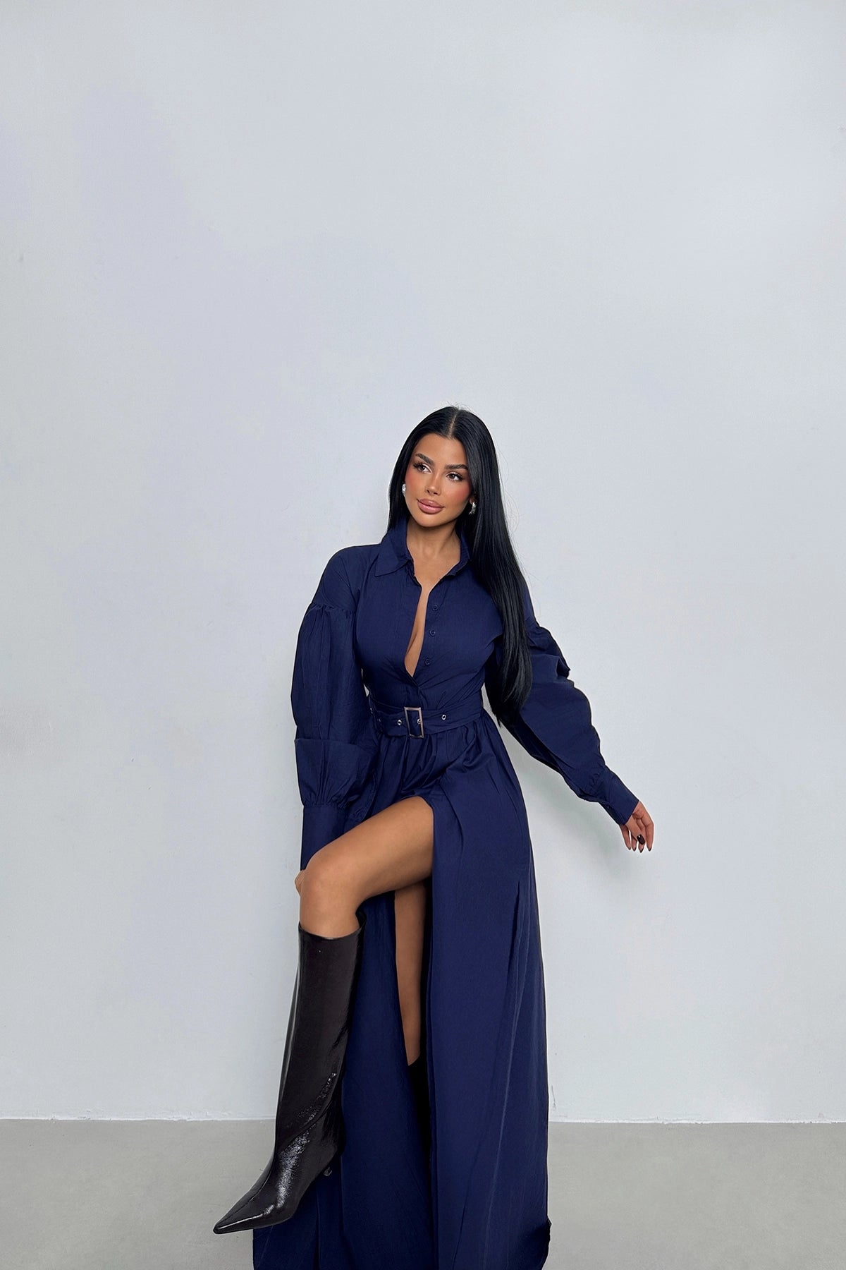 Belted Slit Detailed Navy Blue Maxi Dress