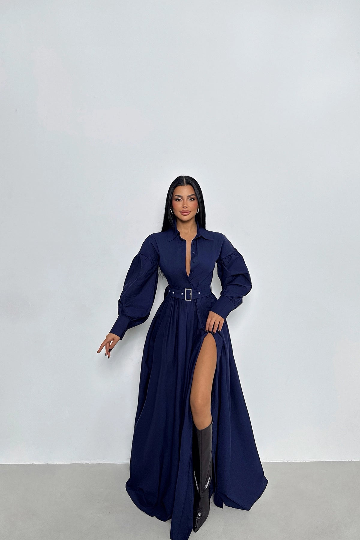 Belted Slit Detailed Navy Blue Maxi Dress