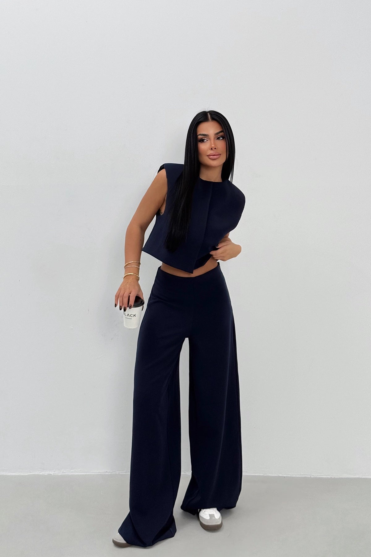 Sleeveless Cropped Navy Blue Trousers Suit for Women